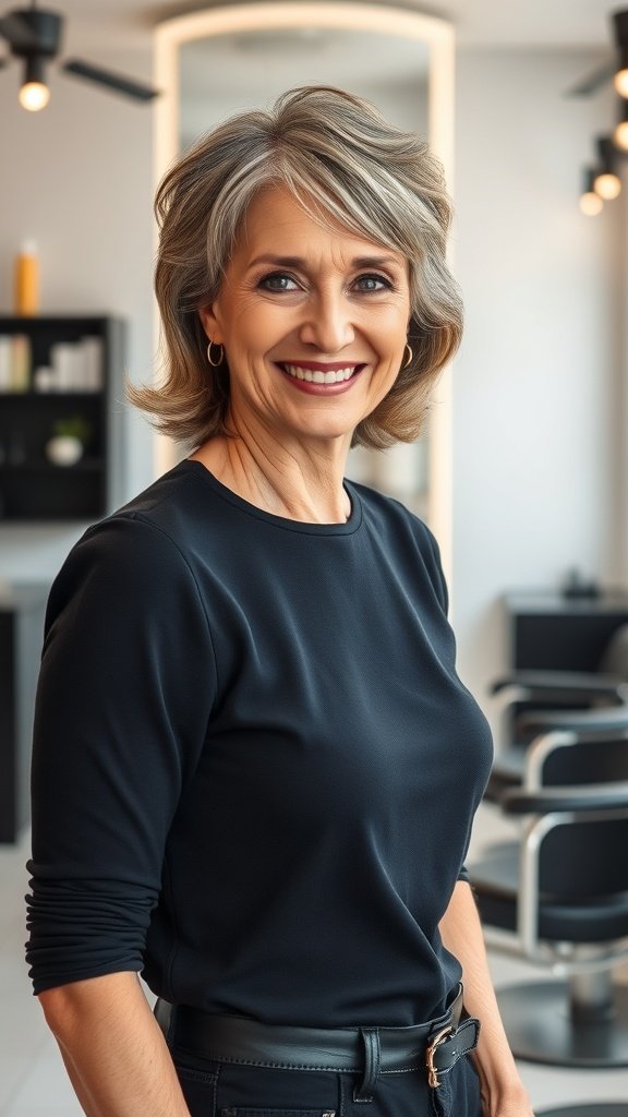 A woman with a feathered mid-length hairstyle, smiling confidently in a salon setting.