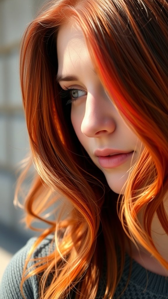 A close-up of a woman with chestnut brown hair featuring fiery red highlights, showcasing a vibrant and stylish look.