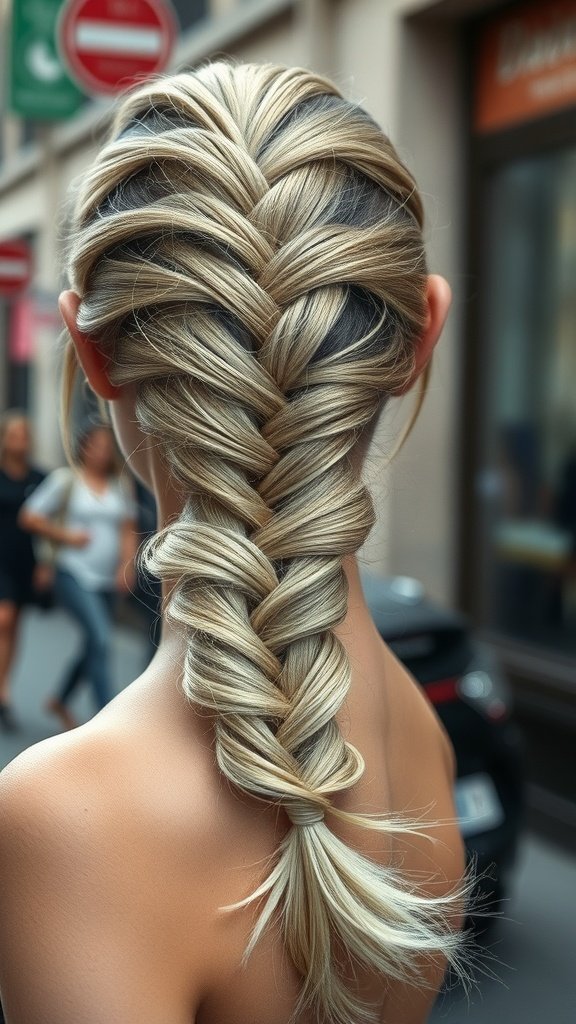 A close-up of a fishtail braid hairstyle featuring silver highlights.