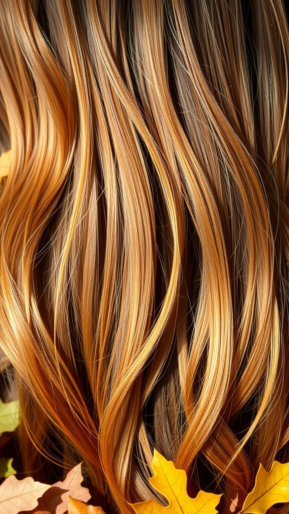 Flowing hair with warm brown and golden highlights, surrounded by autumn leaves