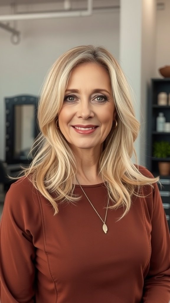 A woman with honey blonde mid-length waves and a middle part, smiling in a salon setting.