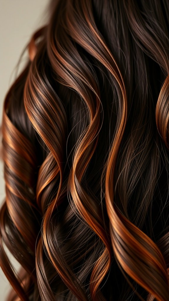 Close-up of deep brown hair with honey caramel highlights styled in soft waves.