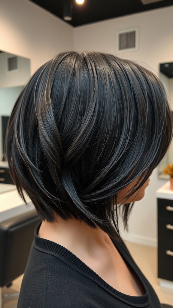 Jet-black angled bob haircut with subtle waves