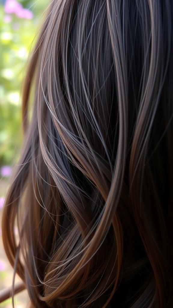 Close-up of deep brown hair with lavender tips, showcasing soft waves and a blend of colors.
