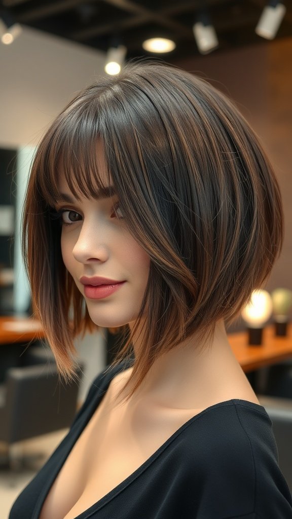 A woman with a layered micro bob haircut and curtain bangs, showcasing a stylish and modern look.
