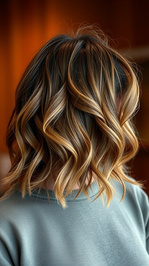 A woman with a layered wavy bob and curtain bangs, showcasing a stylish hairstyle for wavy hair.