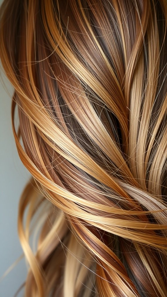Close-up of layered hair with honey-caramel streaks