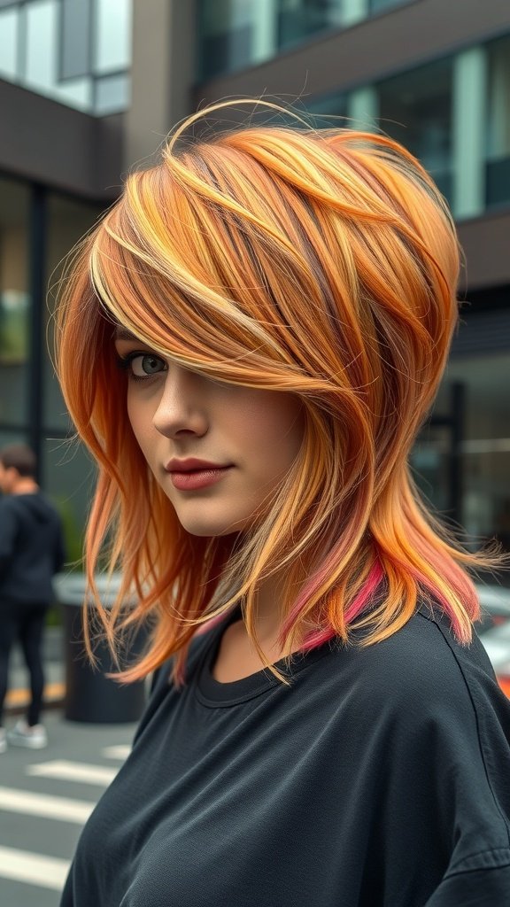 A woman with a long-layered pixie cut featuring vibrant orange and pink highlights, standing in an urban setting.