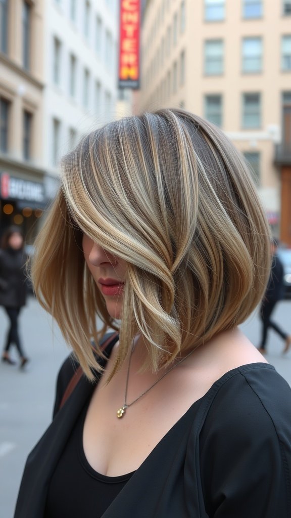 A woman with a long bob hairstyle featuring extreme asymmetry, showcasing soft waves and highlights.