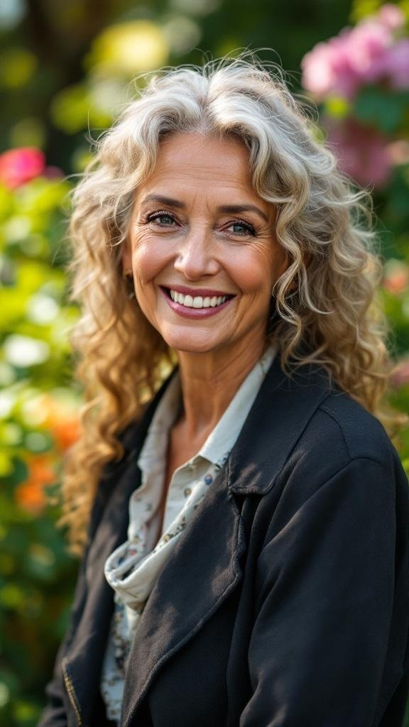 A woman with long curly layers and side-swept bangs, smiling in a garden.