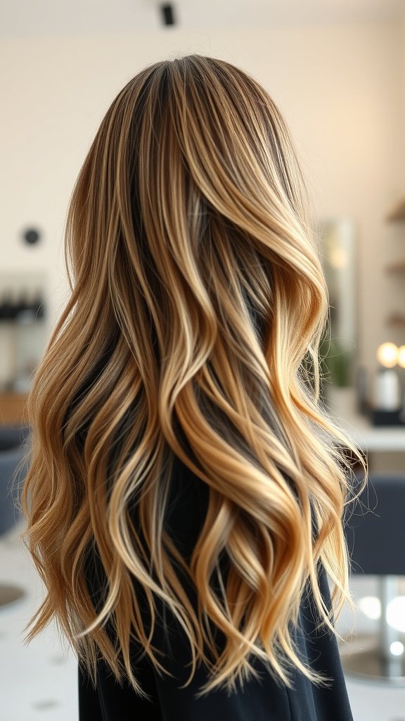 A beautiful long curtain layered haircut with soft waves and highlights.