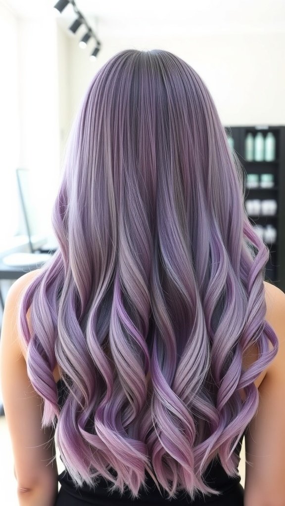 Back view of long, wavy hair colored in a lovely lavender ombre style.