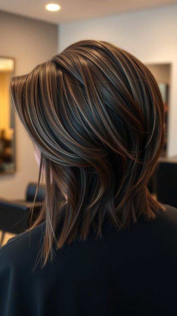 A medium haircut with disconnected layers showcasing dark hair with lighter highlights.
