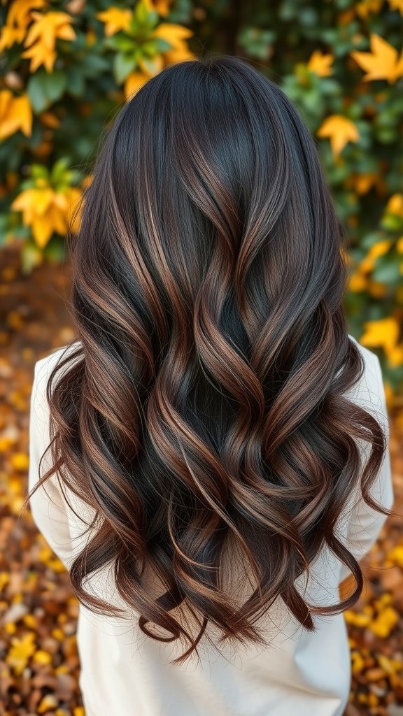A woman with long, wavy hair featuring a Midnight Mocha Melt balayage, surrounded by autumn leaves.