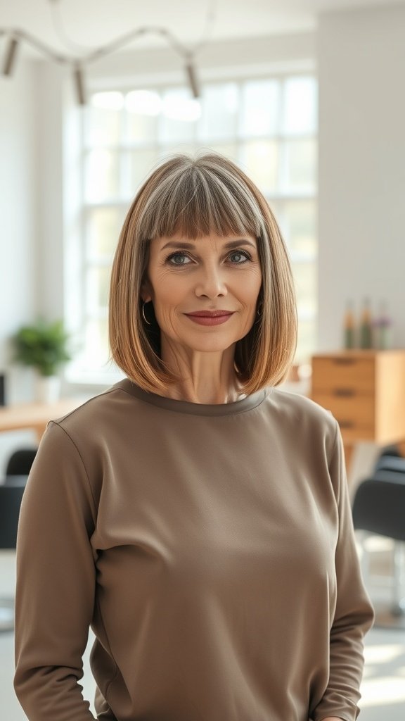 A woman with a modern blunt cut hairstyle and feathered fringe, smiling in a bright, modern interior.