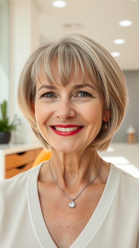 A woman over 60 with a modern blunt cut and feathered fringe, smiling confidently.