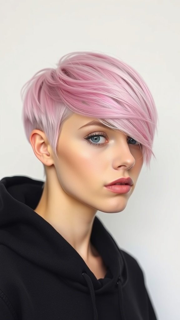 A woman with a pastel pink asymmetrical pixie haircut, showcasing a modern and stylish look.