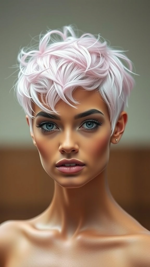 A model showcasing a pastel pink asymmetrical pixie haircut with textured layers.
