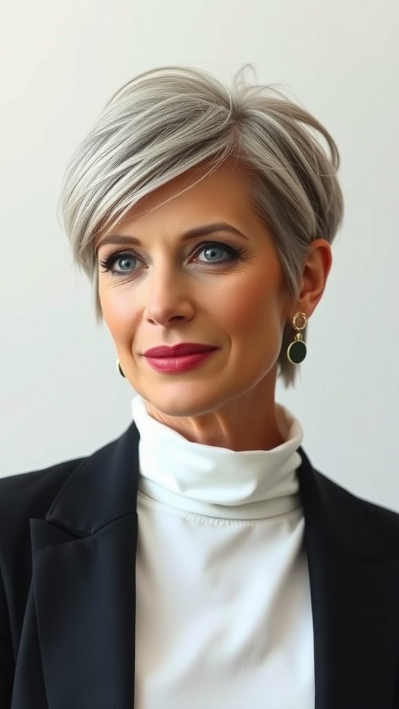 A woman with a chic pixie haircut featuring side-swept bangs and subtle highlights, exuding confidence and style.