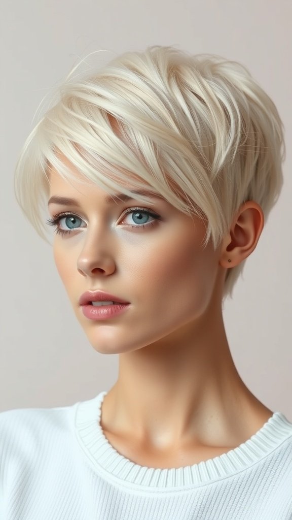 A model with a platinum blonde shaggy pixie haircut, showcasing a stylish and textured look.
