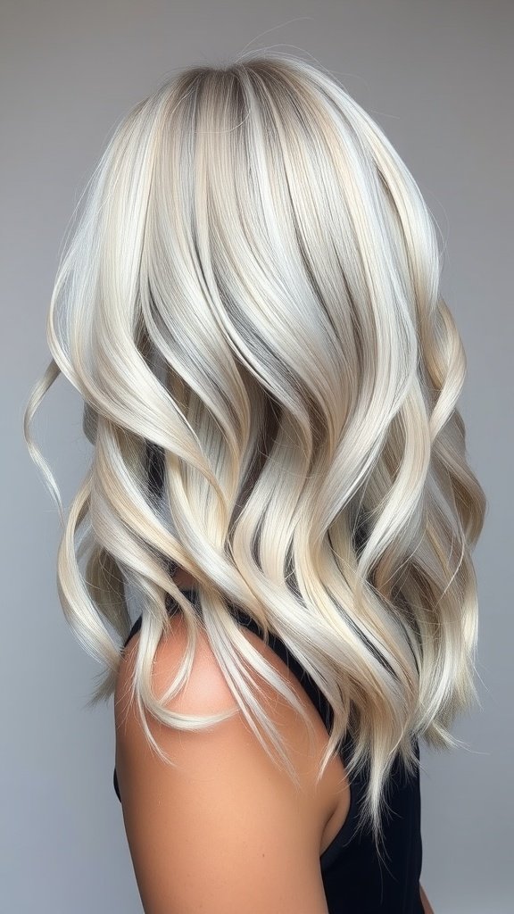 A hairstyle featuring platinum blonde hair with smoky lowlights styled in soft waves.