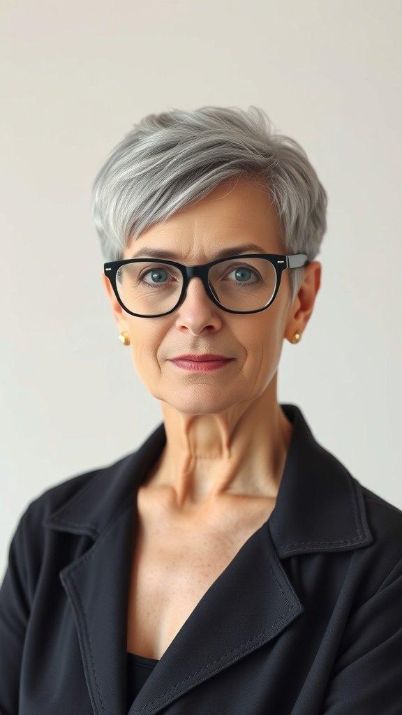 A woman over 50 with a polished pixie hairstyle and glasses, showcasing a confident look.