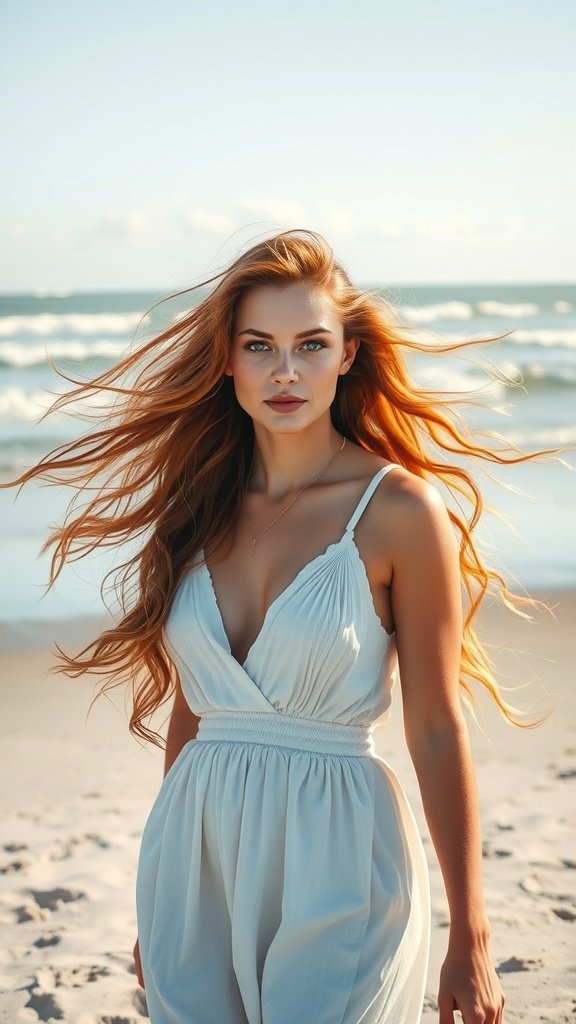 A woman with radiant copper hair styled in beach waves, standing on the beach with the ocean in the background.