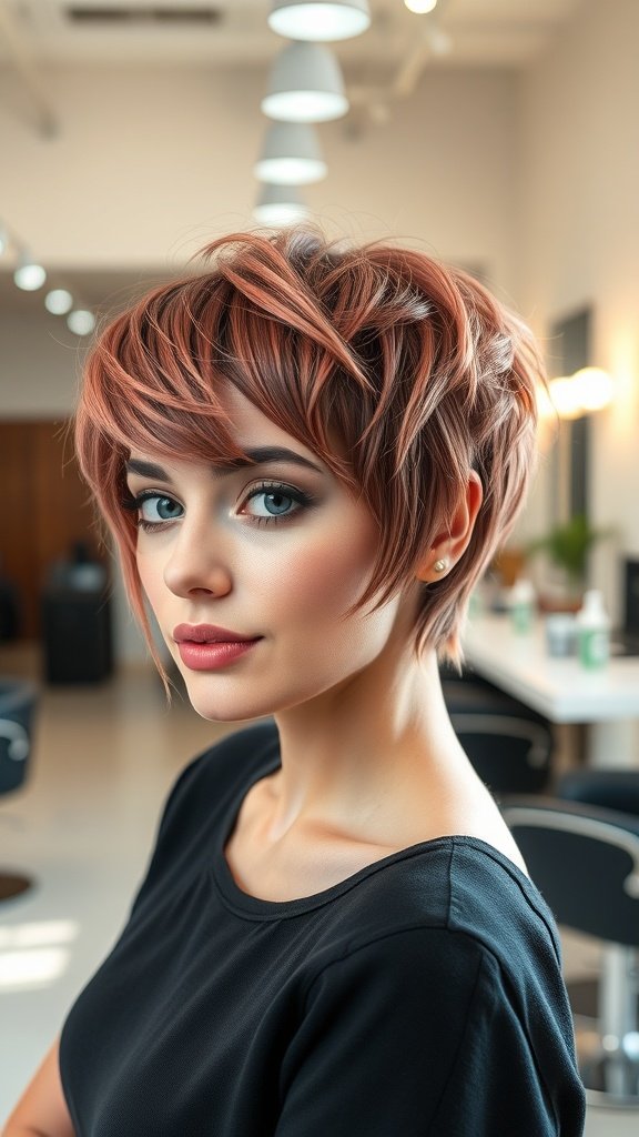 A woman with a rose gold balayage pixie cut, showcasing a stylish and modern hairstyle.