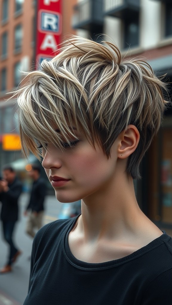 A woman with a shaggy pixie cut featuring baby lights, standing in an urban setting.