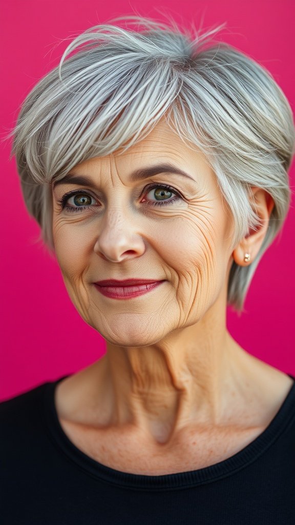 A woman with a stylish short gray shag hairstyle, smiling against a pink background.