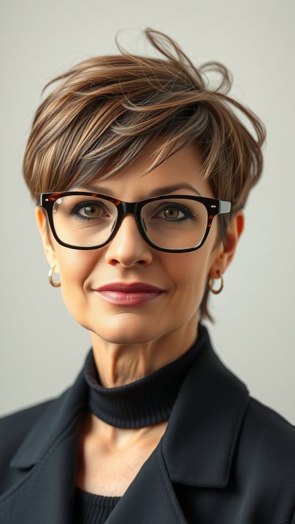 A woman with a short layered crop hairstyle and wispy bangs, wearing glasses.