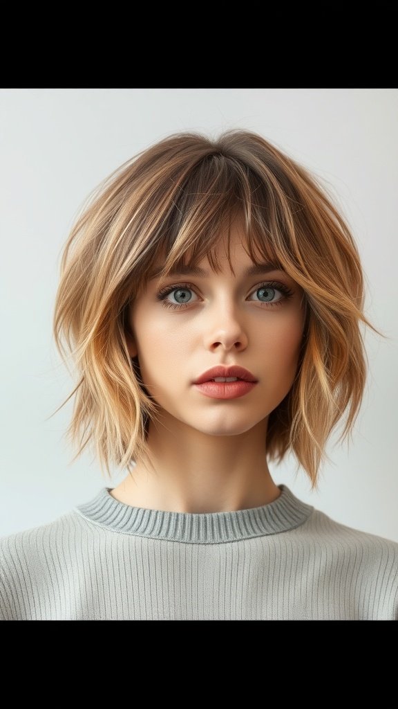 A woman with a short shag hairstyle and wispy bangs, showcasing a stylish and effortless look.