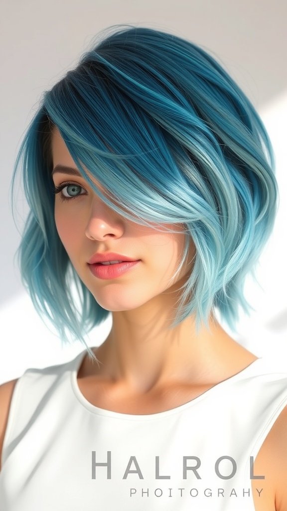 A woman with shoulder-length ocean blue hair styled in soft waves with a side part.