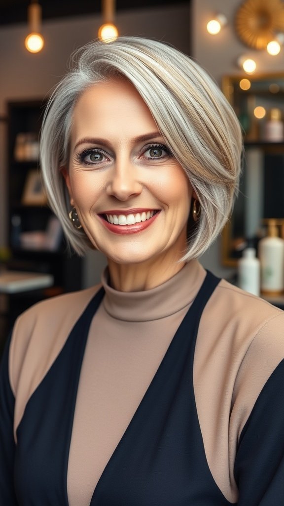 A woman with a sleek angled bob hairstyle, smiling confidently.