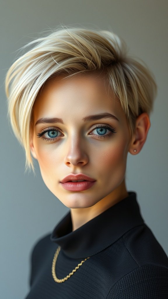 A woman with a sleek ash blonde pixie cut, showcasing a modern hairstyle.