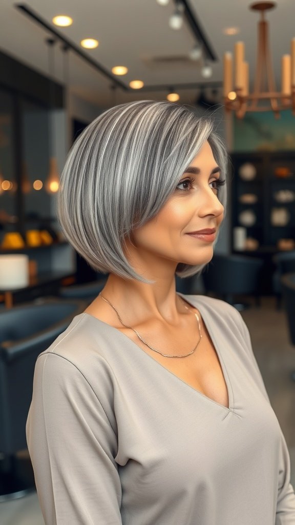 A woman with a sleek gray bob hairstyle featuring inverted ends, wearing a light gray top and a delicate necklace.
