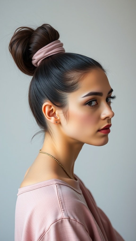 A woman with straight hair styled in a sleek high ponytail, wearing a pink top and a soft scrunchie.