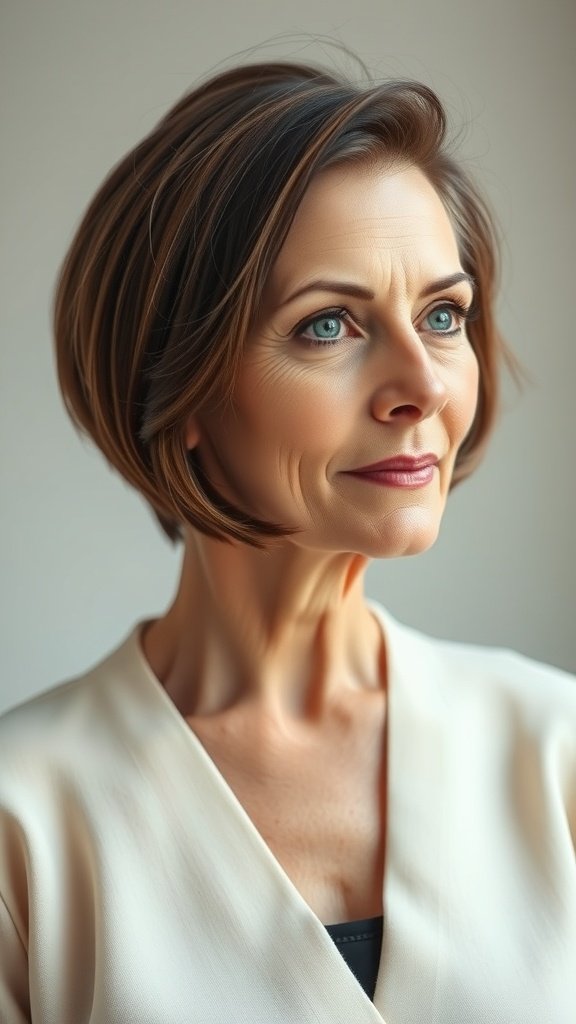 A woman over 70 with a sleek jaw-length brunette bob hairstyle featuring highlights, looking elegant and confident.