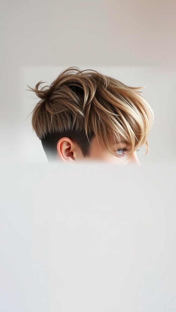 Sleek pixie haircut with a deep side part, showcasing thick hair texture.