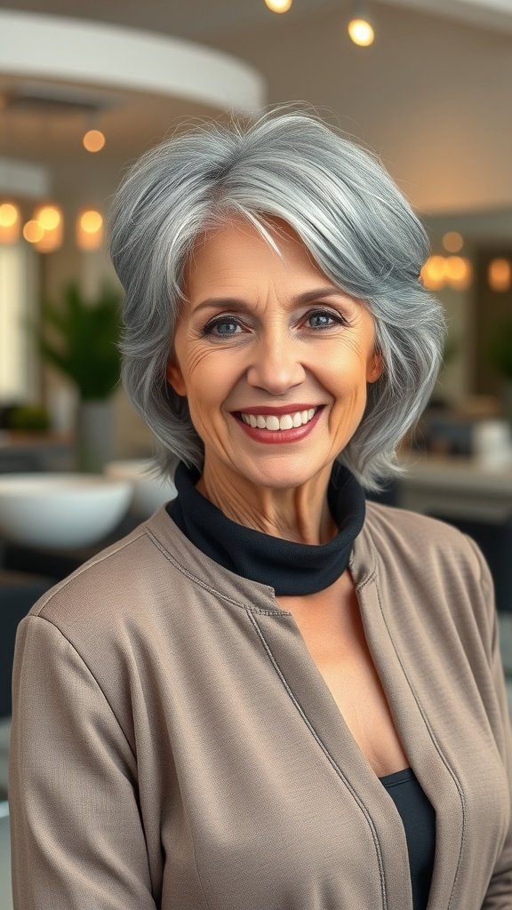 A woman over 70 with a softly layered cut and natural gray hair, smiling confidently.