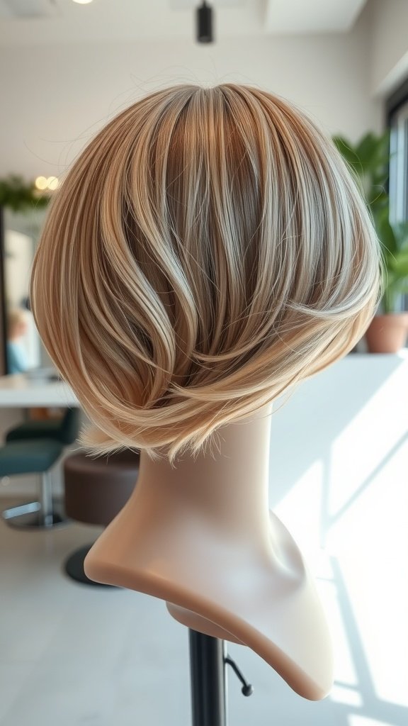 A mannequin displaying a softly waved layered bob haircut with light blonde highlights.