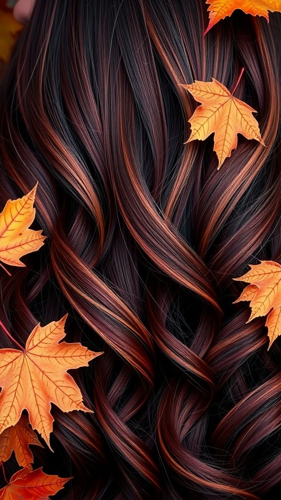 Long hair styled in spiced burgundy layers with autumn leaves.