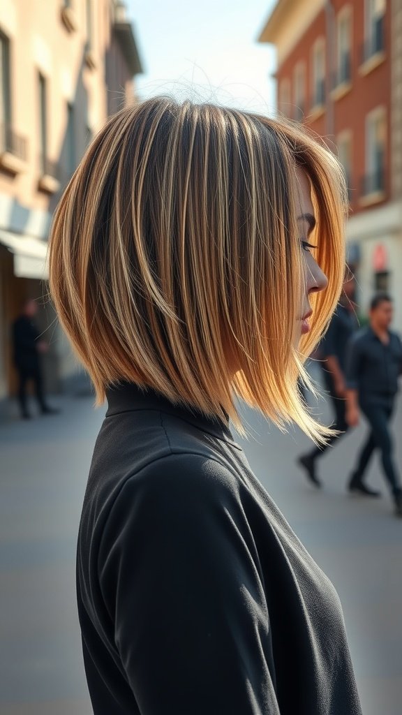 A woman with a straight cut hairstyle featuring chunky highlights, standing outdoors.