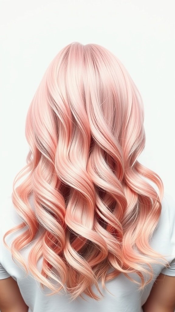 A beautiful hairstyle featuring a strawberry blonde to pastel pink fade with soft waves.