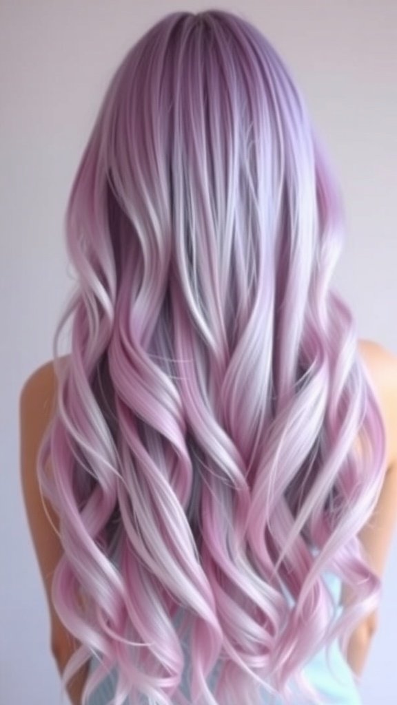 A beautiful ombre hairstyle transitioning from subtle lavender to pastel pink, styled in soft waves.