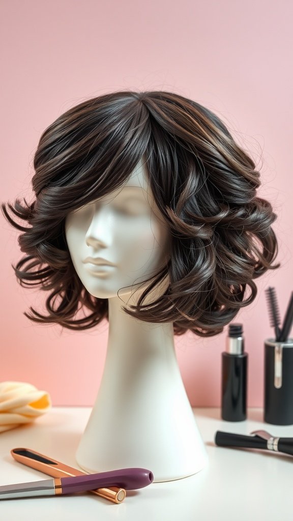 A tapered curled bob hairstyle displayed on a mannequin head with styling tools around.