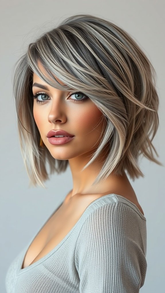A woman with a textured bob hairstyle featuring choppy layers and gray highlights.