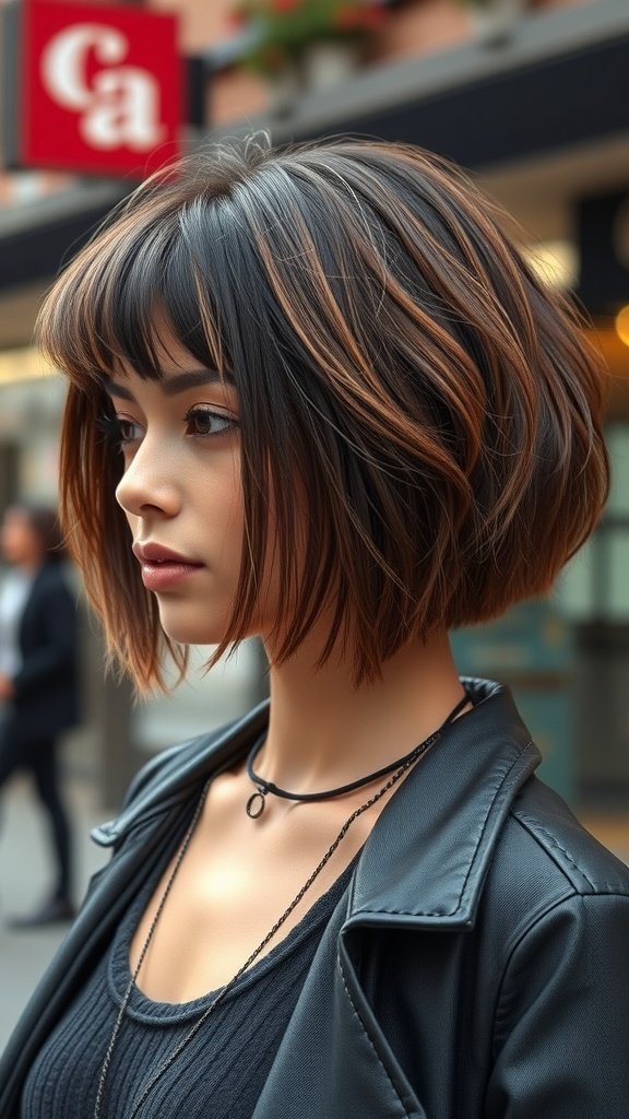 A woman with a textured bob hairstyle featuring choppy layers and blunt bangs, wearing a leather jacket.
