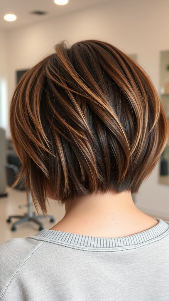 A textured bob hairstyle with highlights, showcasing layers and movement.