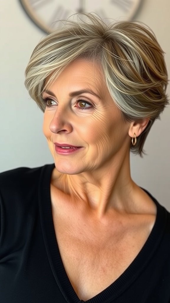 A woman with a textured crop hairstyle featuring side-swept bangs, showcasing a youthful and stylish look.